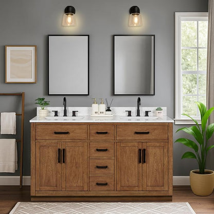 60-inch Dark Walnut Bathroom Vanity with 2 Sinks, Solid Wood, 0.79-inch Stone Countertop and Backsplash, 6 Drawers, 4 Soft Closing Doors