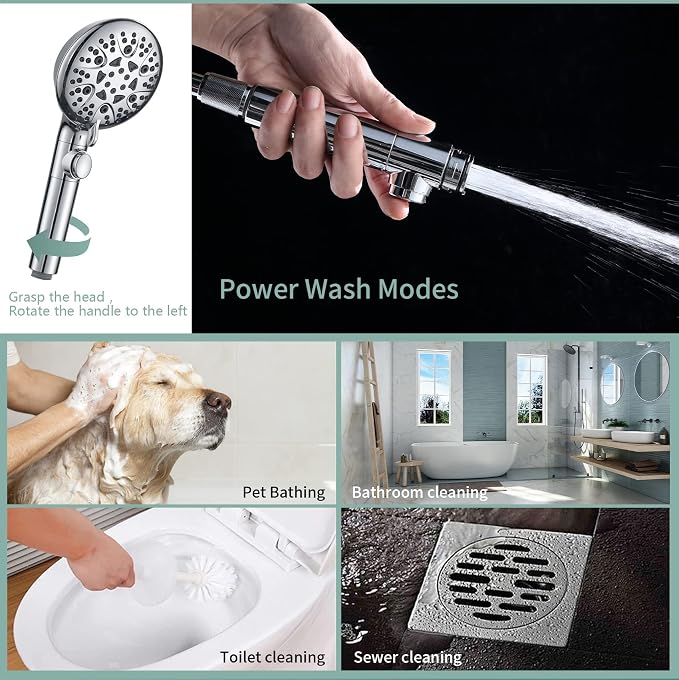 Handheld Shower Head with 79inch Extra Long Hose,ON OFF Switch. | 8 Spray Settings High Pressure Detachable Showerhead,Built-in Power Sprayer to Clean Pets, Adjustable Angle Bracket,Silver