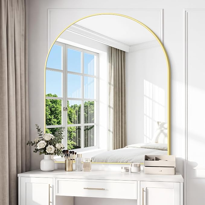 BONEWEI Arched Wall Mirror,36x40 inch Gold Arched Mirror Bathroom,Vanity Mirror for Over Sink Metal Frame,Tempered Glass Arch Mirrors for Bedroom,Entryway,Living Room,Home Decor Shatter-Proof
