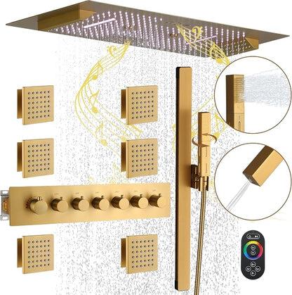 CASAINC Thermostatic Shower System 35x16 Inch Luxury 6 Functions Shower Jets System, Multifunctional Full Body Shower System with Sliding Rod 2 in 1 Handheld, LED & Music (Brushed Gold)
