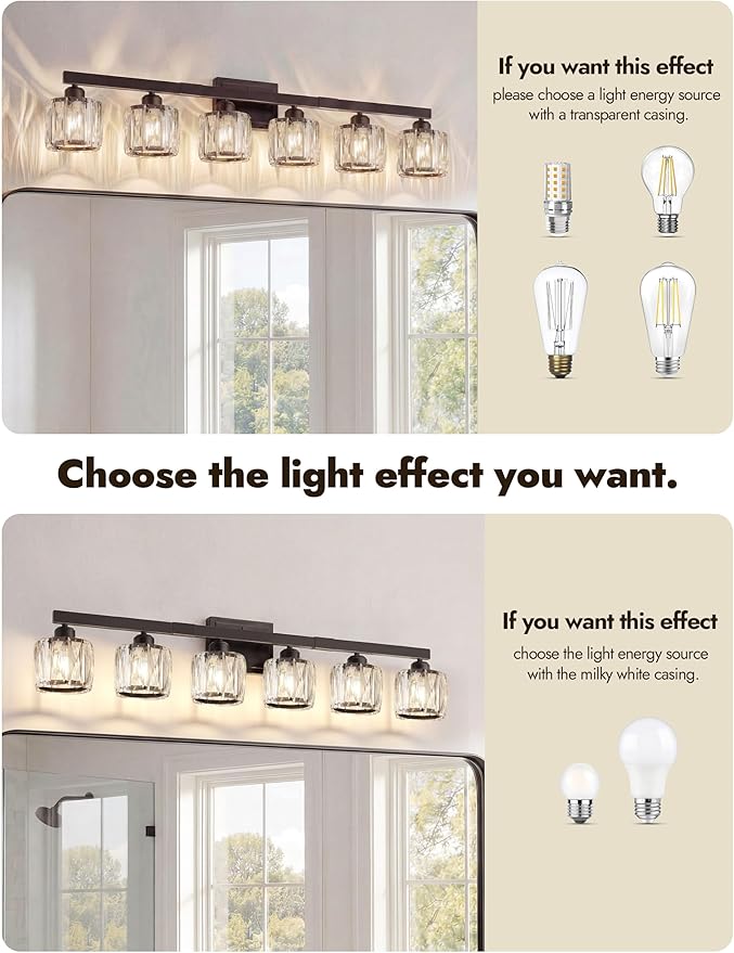VOLISUN Crystal Vanity Lights for Bathroom, 6 Light Bathroom Vanity Light, Modern Matte Black Bathrooms Light Over Mirror, Black Bathrooms Lights Fixtures-UL Certificated(Exclude Bulb)