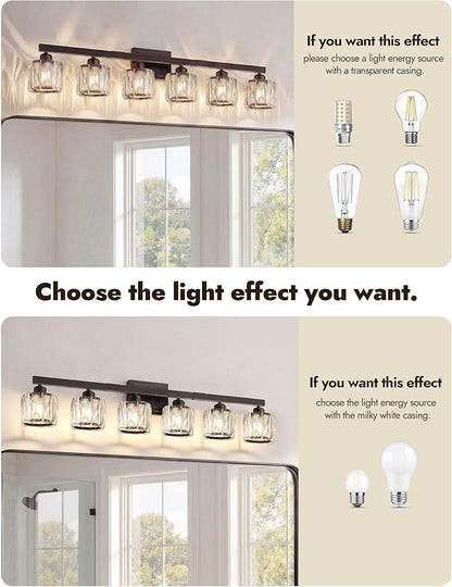 VOLISUN Crystal Vanity Lights for Bathroom, 6 Light Bathroom Vanity Light, Modern Matte Black Bathrooms Light Over Mirror, Black Bathrooms Lights Fixtures-UL Certificated(Exclude Bulb)