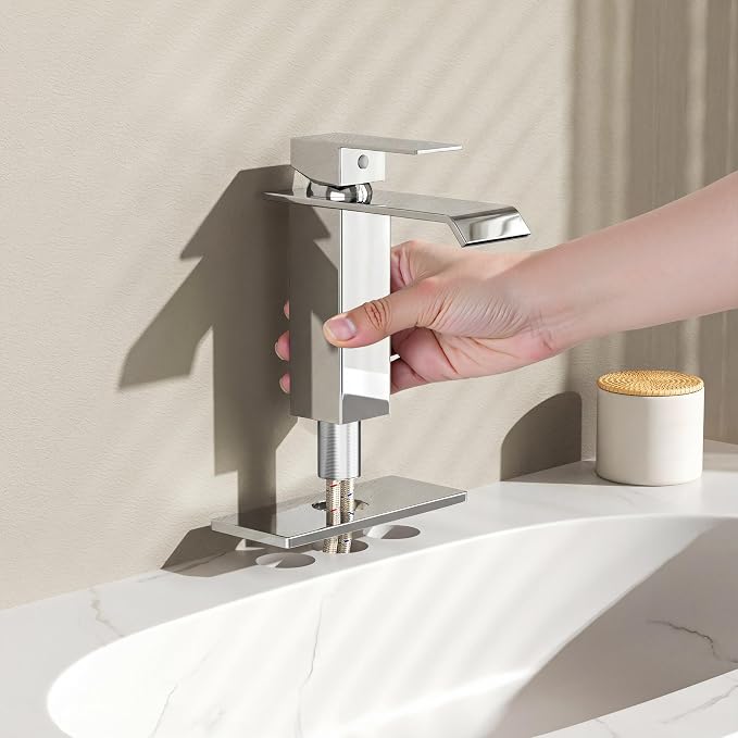 FORIOUS Bathroom Faucet 1 Hole Single Handle Vanity Sink Faucets Chrome | Sqaure Waterfall Spout, 1 or 3 Hole 4 Inch Centerset Sink with Drain and Hoses, for Vanity Rv Commercial Lavatory Restroom