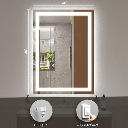26x36 LED Lighted Bathroom Mirror for Vanity Wall | Front Light and Backlit, Anti-Fog, Memory, 3 Color, Tempered Glass, Dimmable, Rectangular, UL, Horizontal/ Vertical Mounted