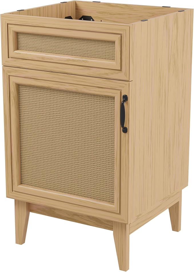 JONATHAN Y Javer Bohemian Rattan Freestanding Bath Vanity, 20", Oak | 18" Deep, 33" High, Single Soft-Close Door, Caned Paneling, 2-Shelf Storage, Basin Not Included, Modern Farmhouse Style