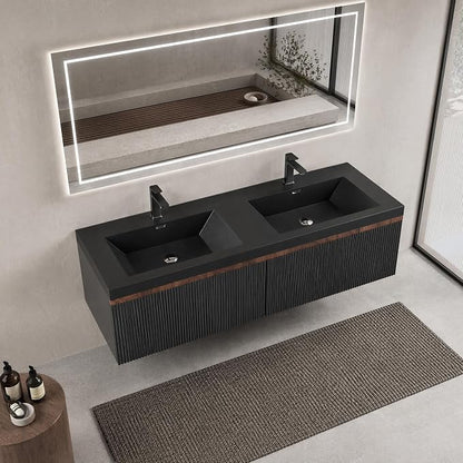 Floating Bathroom Vanity, 60" Wall Mounted Bathroom Cabinet with 2 Matte Black Quartz Sand Sinks & U-Shaped Soft-Close Drawers, Pre-Assembled Striped Storage Vanity for Bathroom, Walnut&Black