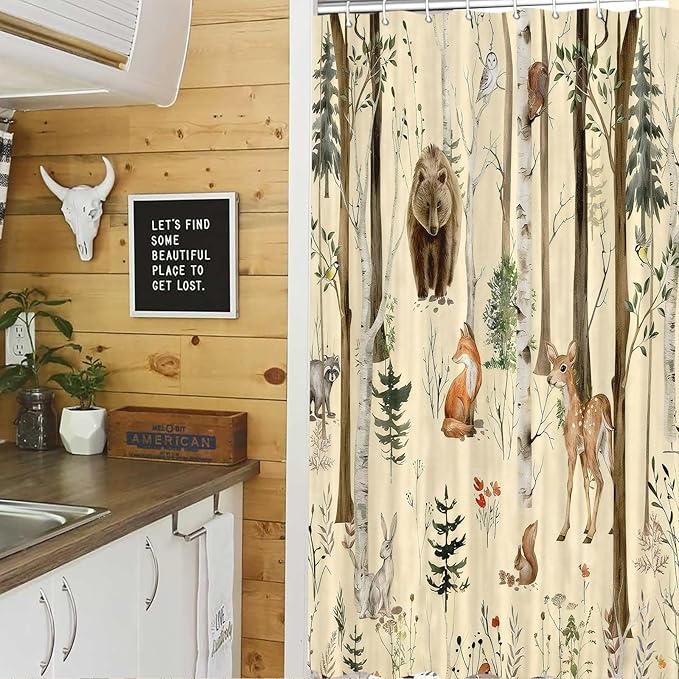 JAWO Rustic Forest Shower Curtains, Lodge Cabin Woodsy RV Shower Curtain, Wildlife Animals Woodland Campers Camping Bathroom Set with Hooks, 54x72 Inch, Yellow