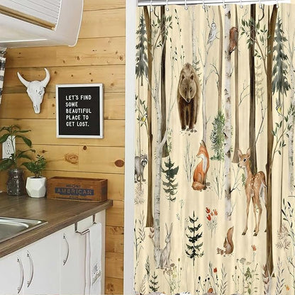 JAWO Rustic Forest Shower Curtains, Lodge Cabin Woodsy RV Shower Curtain, Wildlife Animals Woodland Campers Camping Bathroom Set with Hooks, 54x72 Inch, Yellow