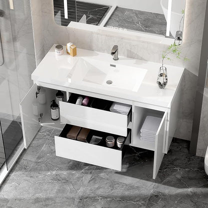 48 Inch Floating Bathroom Vanity with Sink, Large Storage Wall Mounted Floating Vanity with Soft Close Drawers, One-Piece Basin Bathroom Sink Cabinet (Glossy White, 48 Inch)