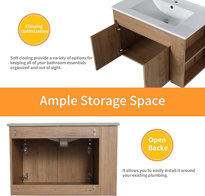 30 in Wall-Mounted Bathroom Vanity with Sink Combo, Modern Floating Bathroom Vanity Set with Ceramic Top Basin and 2 Door&Adjustable Shelf for Small Space, Brown