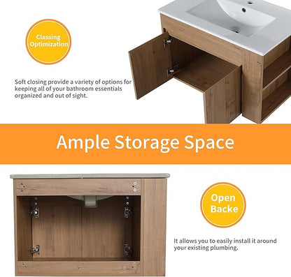 30 in Wall-Mounted Bathroom Vanity with Sink Combo, Modern Floating Bathroom Vanity Set with Ceramic Top Basin and 2 Door&Adjustable Shelf for Small Space, Brown