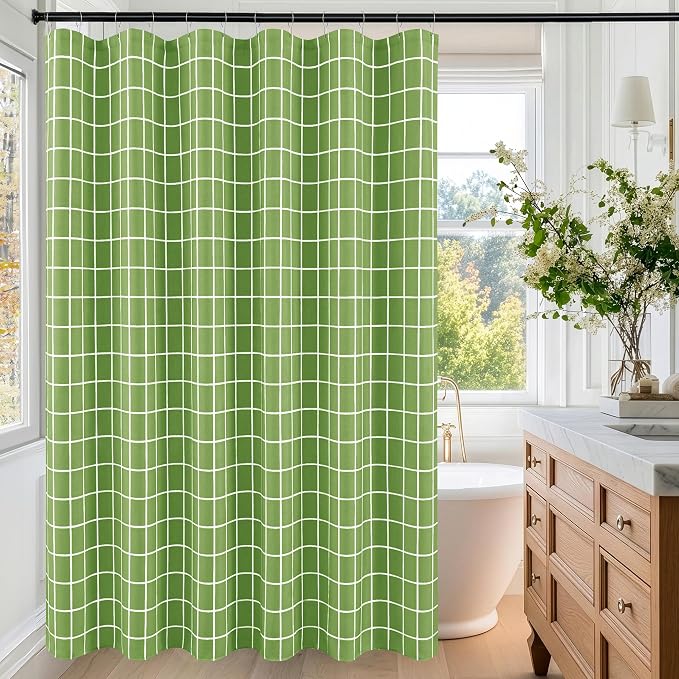Fabric Shower Curtains for Bathroom-Cloth Modern Farmhouse Shower Curtain | 70"Wx72"L Sage Green Faux Linen Grid Minimalist Simple Neutral Guest Bathroom Decor-Textured Geometric Plaid Machine Washable