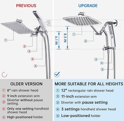 G-Promise 12 Inch All Metal Rain Shower Head with Handheld Spray (Chrome) | Suits Every Height, Pause Mode Diverter, Massage Mode Handheld, Full Body Coverage, Easy to Install, Modern Bath Upgrade