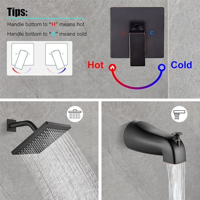Heyalan 8 Inch Shower Faucet Set with Tub Spout and Valve,Oil Rubbed Bronze | 8-inch square rainfall head, tub spout with diverter, male-thread rough-in valve, single-handle control and wall-mount design