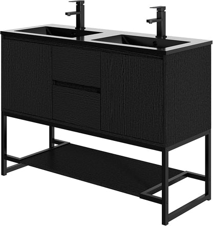 LUCKWIND 48" Modern Bathroom Vanity with Dual Black Sink Combo, Freestanding Storage Cabinet with Metal Frame, Water-Saving Faucet and Open Shelf and 2 Soft-Closing Door, Black