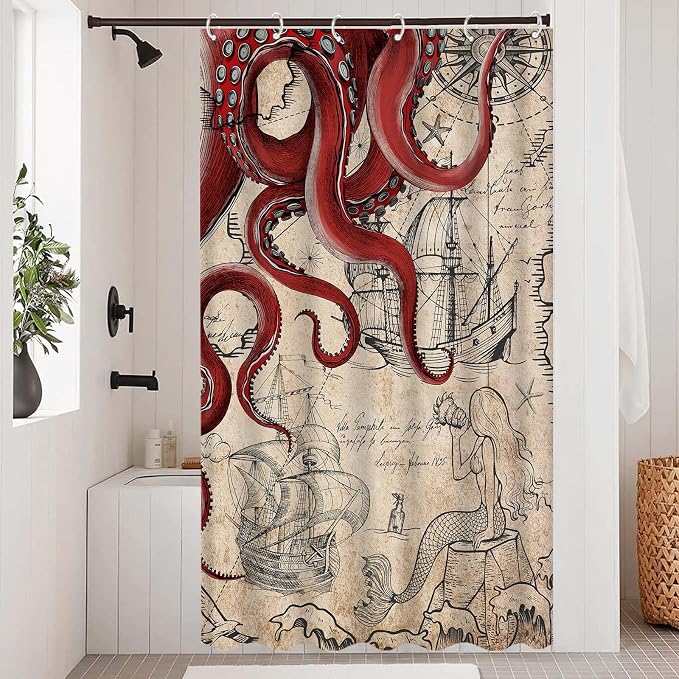 Fungarth Stall Vintage Red Nautical Octopus Shower Curtain Mermaid Funny Ocean Kraken Shower Curtains for Bathroom Cool Anchor Coastal Map Waterproof Fabric Bath Curtain Decor (Retro1, 36” x 72”)