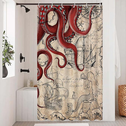 Fungarth Stall Vintage Red Nautical Octopus Shower Curtain Mermaid Funny Ocean Kraken Shower Curtains for Bathroom Cool Anchor Coastal Map Waterproof Fabric Bath Curtain Decor (Retro1, 36” x 72”)