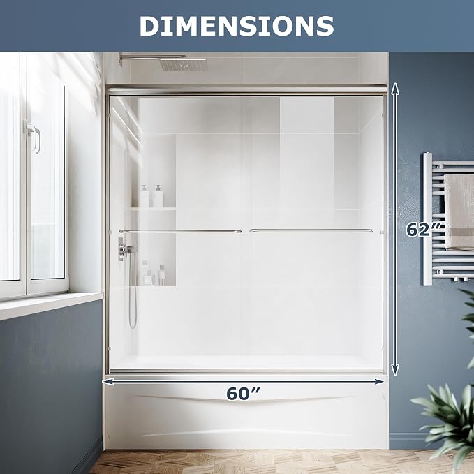 SUNNY SHOWER Double Sliding Glass Door 60" W x 62" H Shower Door 1/4" Tempered Glass Sliding Door Semi-Frameless Shower Glass Enclosure Bypass Walk in Shower Cabin, Brushed Nickel