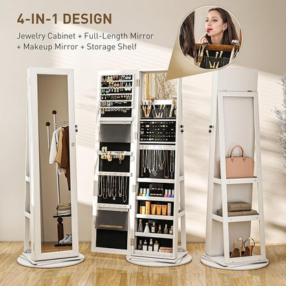 HOMCOM 360° Swivel Jewelry Cabinet Lockable with Full-Length Mirror White | Jewelry Armoire Organizer, Back Storage Shelves, Interior Small Mirror, Bedroom Living Room