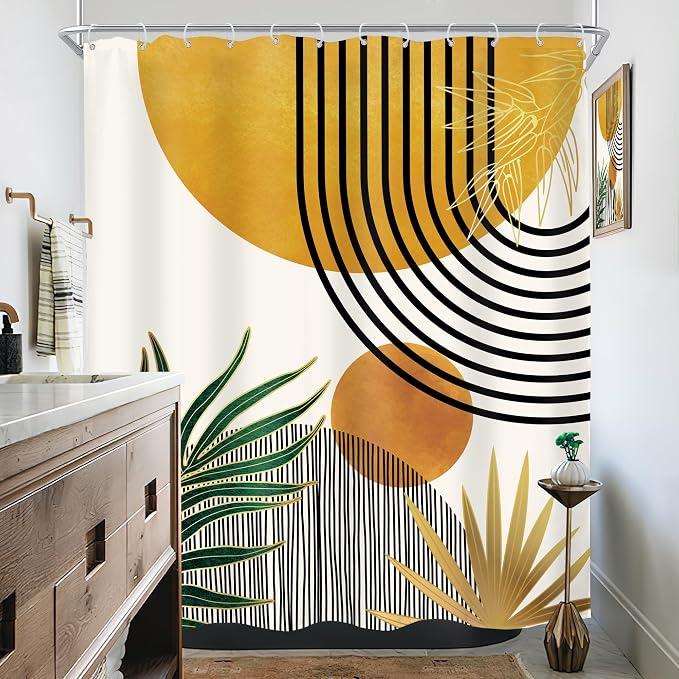 Mid Century Boho Abstract Modern Sun Minimalist Bathroom Shower Curtain Set | 60Wx72L Arch Curve design, waterproof HD print with fast-drying fabric and 12 hooks.