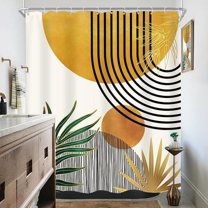 Mid Century Boho Abstract Modern Sun Minimalist Bathroom Shower Curtain Set | 60Wx72L Arch Curve design, waterproof HD print with fast-drying fabric and 12 hooks.