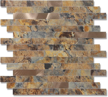 Yipscazo Peel and Stick Stone Metal Backsplash, Stick on Tiles for Backsplash Kitchen (Brown Stone Rock, 10-Pack)