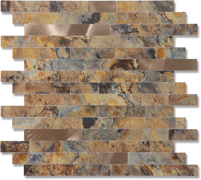 Yipscazo Peel and Stick Stone Metal Backsplash, Stick on Tiles for Backsplash Kitchen (Brown Stone Rock, 20-Pack)