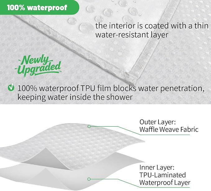 eachope No Hook Waffle Shower Curtain, No Liner Needed, 48x74 Inch, White | 100% waterproof TPU-laminated backing, magnetic weighted hem, machine washable, for bathroom, hotel, or shower stall use