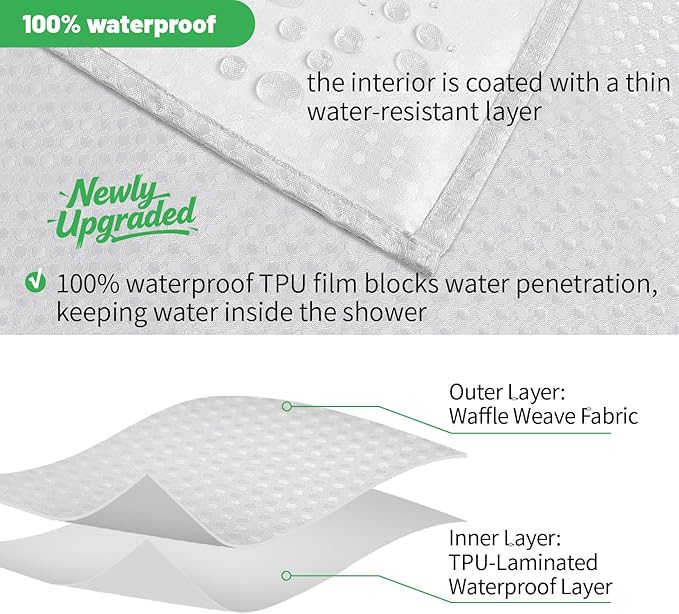 eachope No Hook Waffle Shower Curtain, No Liner Needed, 71x80 Inch, White | 100% waterproof TPU-laminated backing, magnetic weighted hem, machine washable, shower curtain set for bathroom or hotel use