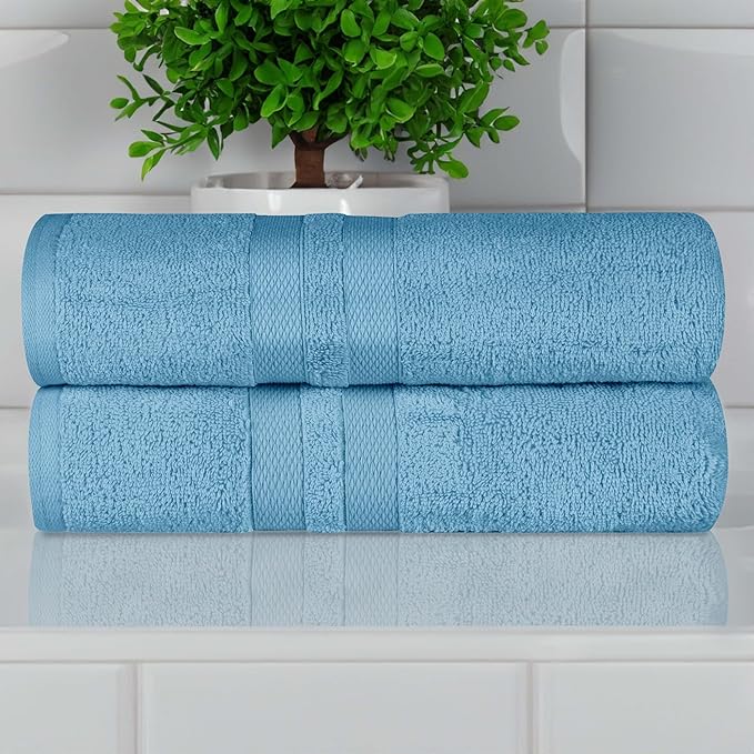 Superior Ultra-Soft Cotton Bath Towel Set, Quick-Dry, Absorbent, Shower, Spa Basics, Large Towels, Bathroom Sets, Bath Essentials, Solid, Double Line Dobby Border, 2 Pack, Set of 2, Denim Blue