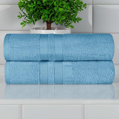 Superior Ultra-Soft Cotton Bath Towel Set, Quick-Dry, Absorbent, Shower, Spa Basics, Large Towels, Bathroom Sets, Bath Essentials, Solid, Double Line Dobby Border, 2 Pack, Set of 2, Denim Blue