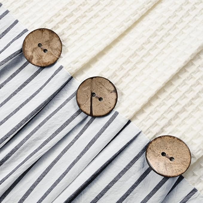 DOSLY Ides Farmhouse Shower Curtain, Beige and Black Striped, Button Curtain, Spa Waffle and Cotton Woven Fabric, Rustic Charm Country Chic Style, 72x96 in