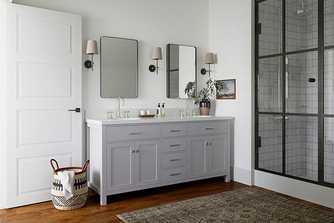 ARIEL Bristol 72-inch Bathroom Vanity with Sink,Solid Wood, 1.5-inch Pure White Quartz Countertop & Backsplash, Double Oval Porcelain Sink, 4 Soft Closing Doors, 4 Dovetail Drawers, Grey
