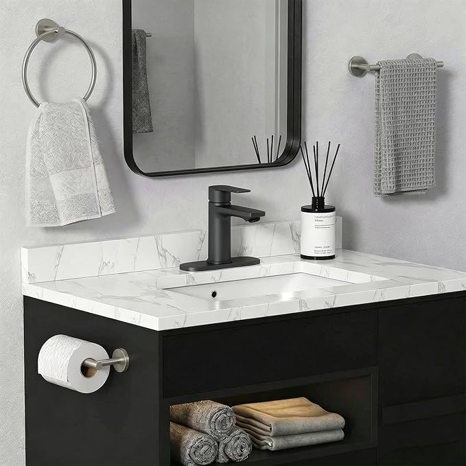 BELZ Grey Bathroom Faucet, Lead-Free 1 or 3 Hole (4") Vanity Sink Faucet | NSF372 Certified, Rustproof & Splash-proof Aerator, Single Handle Modern Design with Pop-up drain & Hoses, Easy DIY Install