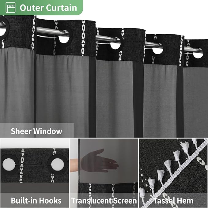 eachope Extra Long No Hook Shower Curtain with Snap-in Liner,71x86,Black | 330GSM Thick Linen Textured Striped Fabric with Tassels,Snap-in Liner,Boho Modern Farmhouse Bathroom Curtain,Water-Repellent