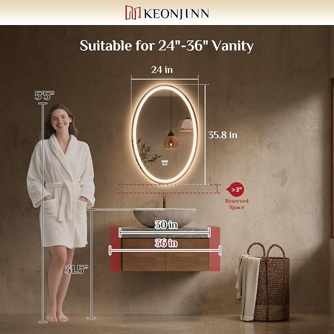 Keonjinn 24" x 36" Oval LED Bathroom Mirror with Frontlit and Backlit | HD Tempered Glass, 3 Colors Temperatures, Fast Defogging, Memory Function, Stepless Dimmable, Easy Install, Plug in/Hardwired