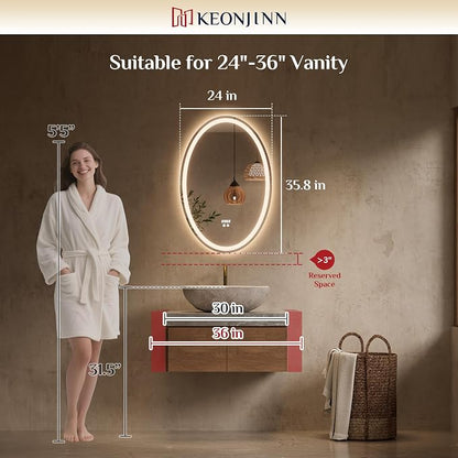 Keonjinn 24" x 36" Oval LED Bathroom Mirror with Frontlit and Backlit | HD Tempered Glass, 3 Colors Temperatures, Fast Defogging, Memory Function, Stepless Dimmable, Easy Install, Plug in/Hardwired