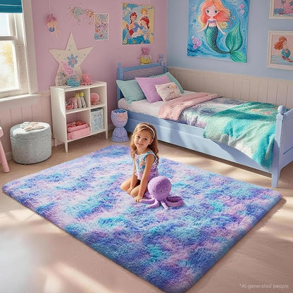 Ophanie Rainbow Purple Rug for Bedroom Girls,Unicorn Colorful Mermaid Fluffy Soft Cute Fuzzy Area Rugs,Shag Plush Shaggy 4x6 Furry Carpet for Kids Baby Teen Dorm Decor with Over 99 pcs Pile fibers