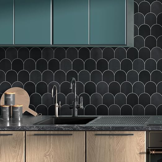 SUNWINGS 10-Sheet Fish Scale Peel and Stick Backsplash Tile, 11.4'' x 10.9" Stone Composite Scallop Handmade Looks Self-Adhesive Wall Tiles for Kitchen Bathroom, Black