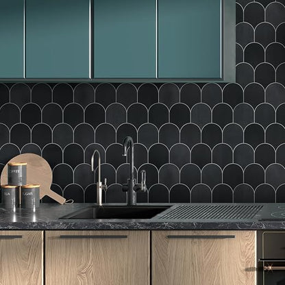 SUNWINGS 10-Sheet Fish Scale Peel and Stick Backsplash Tile, 11.4'' x 10.9" Stone Composite Scallop Handmade Looks Self-Adhesive Wall Tiles for Kitchen Bathroom, Black