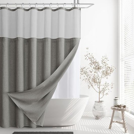 Linen Shower Curtain 72 Inches for Bathroom Grey Double Layer | 6ft, Curtains with Hook, Snap in Liner, Water Repellent, Rustic Farmhouse, Modern Bath Decor, 1 Panel, 72x72