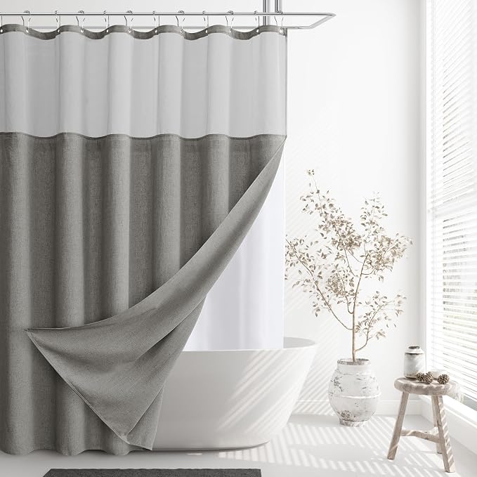 Linen Shower Curtain 78 Inches for Bathroom Grey Double Layer | Curtains with Hook, Snap in Liner, Water Repellent, Boho Farmhouse, Neutral Bath Decor, 1 Panel, 72x78