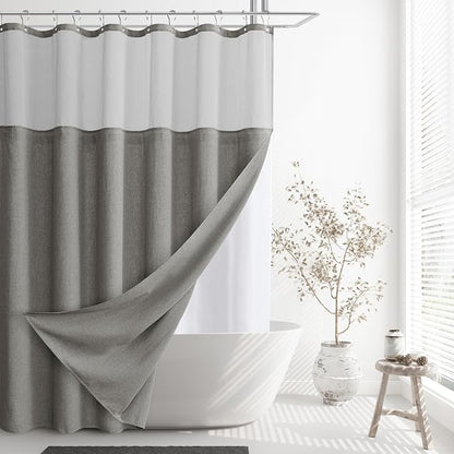 Linen Shower Curtain 78 Inches for Bathroom Grey Double Layer | Curtains with Hook, Snap in Liner, Water Repellent, Boho Farmhouse, Neutral Bath Decor, 1 Panel, 72x78