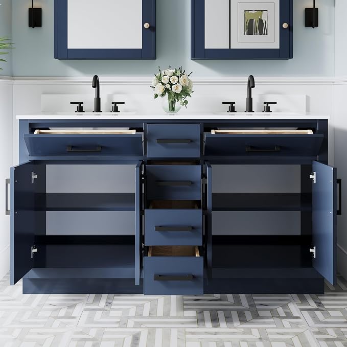 60-Inch Bathroom Vanity with Double Sinks W/ 4 Doors & 4 Drawers & 2 Flip Drawers, Navy Blue Vanity W/Matte Black Handles
