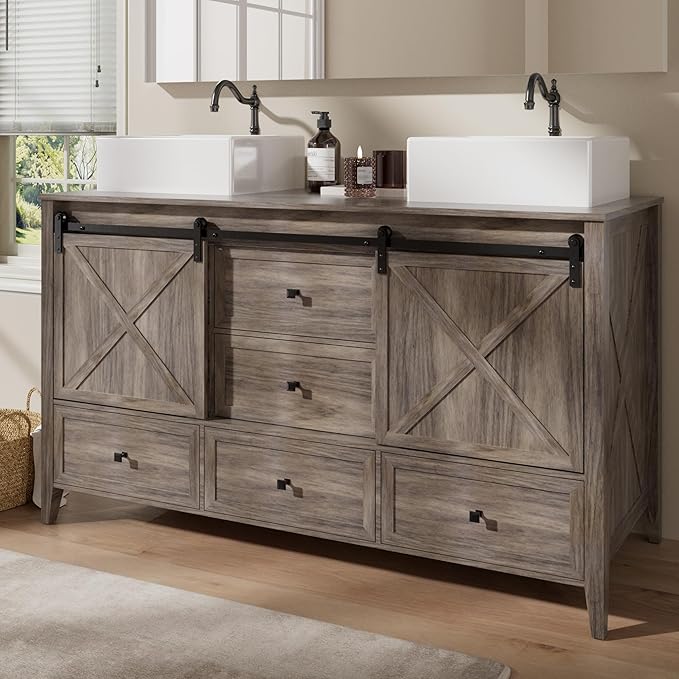 VNN Bathroom Vanity with Sink - 60 Inch Bathroom Vanity Double Sink Ceramic, Freestanding Cabinet with 2 Farmhouse Sliding Barn Doors and 5 Drawers, Space-Saving Storage Cabinet, Grey Wood Grain