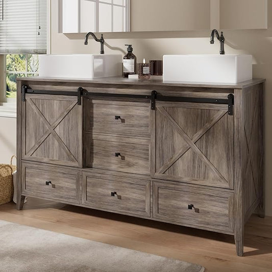 VNN Bathroom Vanity with Sink - 60 Inch Bathroom Vanity Double Sink Ceramic, Freestanding Cabinet with 2 Farmhouse Sliding Barn Doors and 5 Drawers, Space-Saving Storage Cabinet, Grey Wood Grain