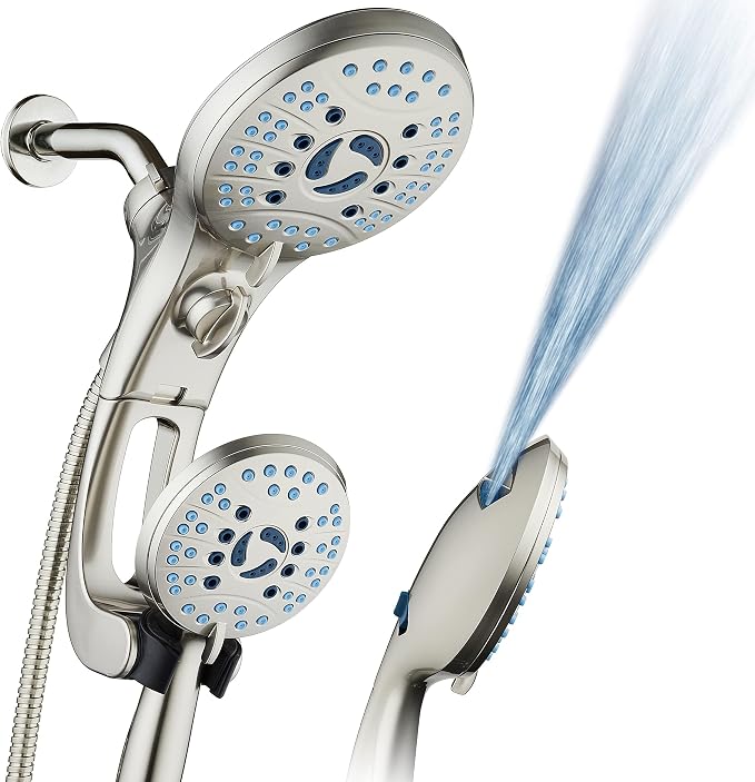 AquaCare 50-mode High Pressure Shower Head Combo with Arm & Dual Power Wash | Hygienic Jets, 2-mode Handheld Power Wash for Tub, Tile & Pets, Long 6 ft. Stainless Steel Hose, Extra Wall Bracket / Nickel