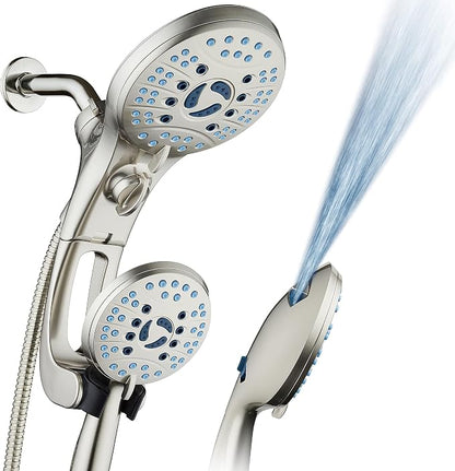 AquaCare 50-mode High Pressure Shower Head Combo with Arm & Dual Power Wash | Hygienic Jets, 2-mode Handheld Power Wash for Tub, Tile & Pets, Long 6 ft. Stainless Steel Hose, Extra Wall Bracket / Nickel