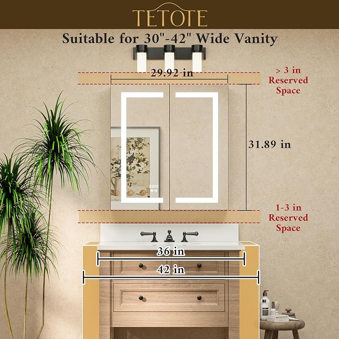 30 x 32 Lighted Medicine Cabinet Mirror for Bathroom with LED Lights, 2 Door Tempered Glass Recessed or Surface Mount Mirrored Cabinet, Outlets & USB, 3-Color Dimming, Defog, Adjustable Shelf