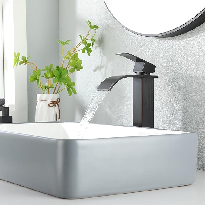 Oil Rubbed Bronze Bathroom Vessel Sink Faucet, JXMMP Single Hole Waterfall Bathroom Faucet with Supply Hose and Pop Up Drain Assembly, Tall Waterfall Faucet for Bathroom Sink, JXM1221ORB